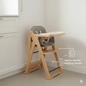 Slim-folding high chair in storage mode, ideal for small spaces and portability.