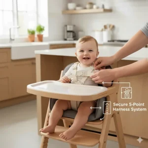 Image showing the secure five-point safety harness on the infant high chair, ensuring baby safety.