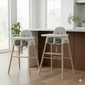 Side-by-side comparison of a standard high chair and a counter height high chair next to an island.