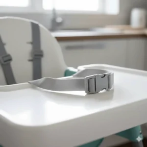 Close-up view of the non-toxic, BPA-free plastic tray and food-grade silicone harness on this baby high chair.