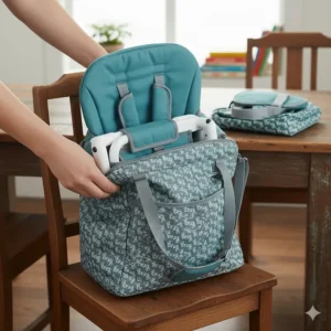 The completely folded **travel high chair** fits neatly inside its included shoulder carrying bag, demonstrating its portability.