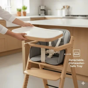 Detailed view of the safe and secure detachable tray on the high chair, suitable for feeding and play.