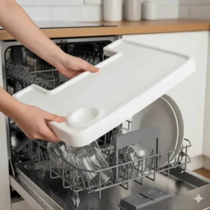 A durable high chair tray being placed into a dishwasher, emphasizing the dishwasher safe feature for simple, thorough cleaning.