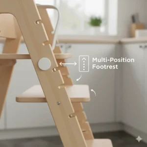 Close-up of the adjustable footrest mechanism on the baby's high chair, highlighting multiple height settings.