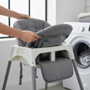 The fabric seat cover of the easy to clean high chair being removed to be put into a washing machine, showing it's machine washable.