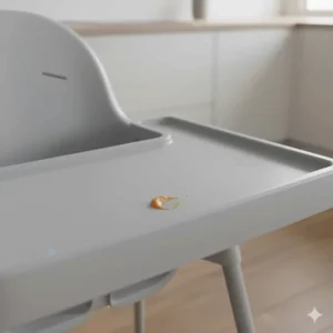 Detail shot showing the smooth, seamless design of the easy to clean high chair seat, with no fabric creases or crevices for food to get stuck.