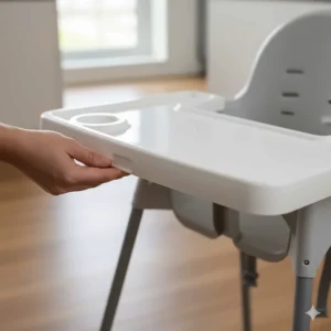 Close-up of a high chair's removable tray, highlighting how easily it detaches for cleaning, making this high chair easy to clean.