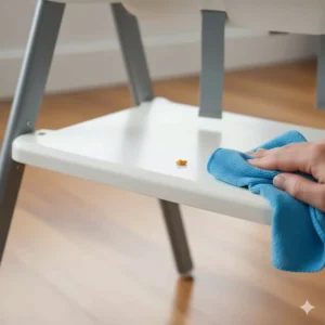 An angle showing the easy to clean area under the high chair's footrest, demonstrating a design that prevents food buildup.