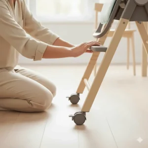 Detail view of the non-scratch, locking wheels on the base of the reclining high chair for easy portability.