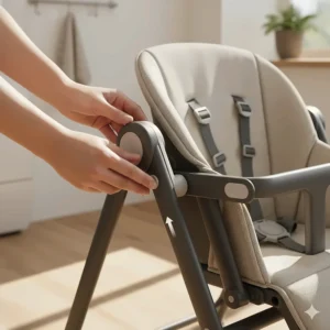Step-by-step close-up showing the simple folding mechanism of a collapsible high chair.