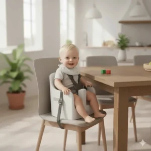 Compact infant booster seat securely strapped to a dining chair, allowing baby to join the family at the table.