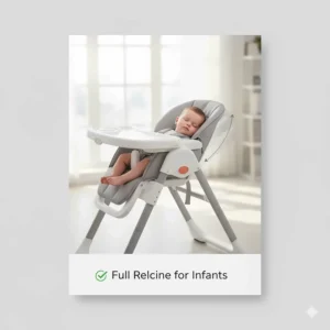 A small baby comfortable in the full recline position of a multi-stage convertible high chair.