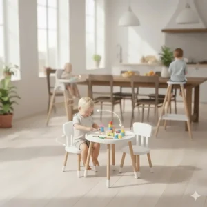 The 6 in 1 high chair converted into a practical kids' table and chair set for playtime, drawing, and learning.