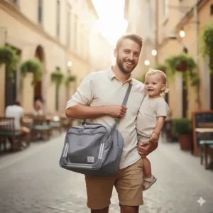 A parent easily carrying a lightweight travel high chair in its included storage and carry bag.