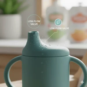 Close view of a low-flow valve on a sippy cup spout, ideal for the initial sips of a 6-month-old.