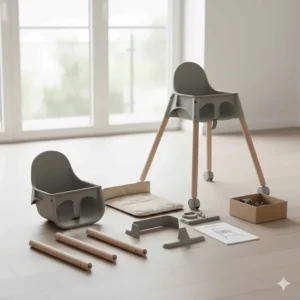 A photorealistic image showing the few main pieces of the Maxi Cosi high chair ready for simple, tool-free assembly at home.