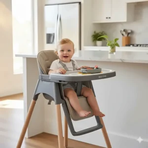 A high-resolution, photorealistic image of the Maxi Cosi high chair set in a brightly lit, modern kitchen, emphasizing its sleek design and premium materials under natural light.