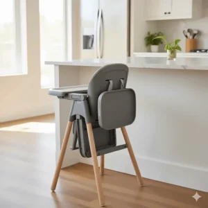 A photorealistic image of the Maxi Cosi high chair completely folded for storage, illustrating its space-saving, ultra-compact design for small apartments.