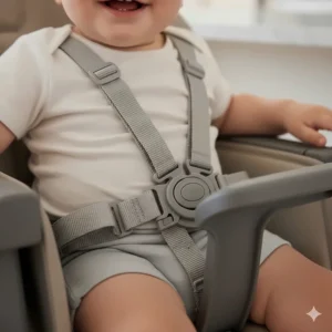 A photorealistic, detailed view of the five-point safety harness system on the Maxi Cosi high chair, ensuring secure and comfortable seating for the baby.