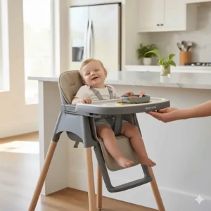 A photorealistic demonstration of the adjustable recline settings on the Maxi Cosi high chair, perfect for newborns and older babies during feeding.