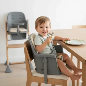 A photorealistic image of the versatile Maxi Cosi high chair converted into its booster or toddler seat configuration, extending its use beyond infancy.