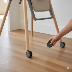 A photorealistic image showing the integrated wheels on the front legs of the Maxi Cosi high chair, making it simple to move between rooms.