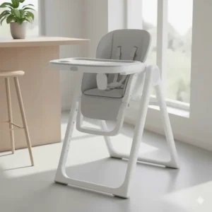 Modern, adjustable counter height high chair design in white and gray plastic.