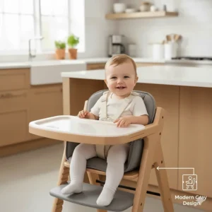 Modern gray high chair with adjustable footrest, showcasing the sleek color and contemporary design.