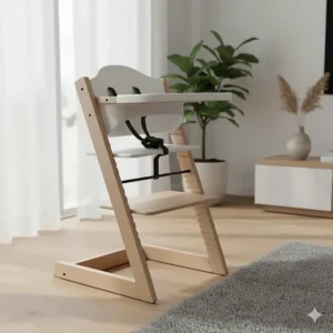 Full view of a sleek, modern Scandinavian-style wooden high chair that complements contemporary home decor.