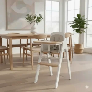 A stylish, modern white non-toxic high chair that seamlessly fits into contemporary kitchen and dining room decor.
