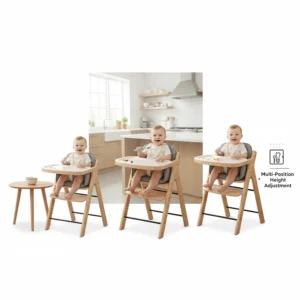 Image illustrating the multi-position height adjustment feature of the high chair to fit various tables.