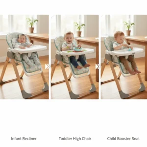 Visual representation of the multi-stage high chair system evolving from an infant recliner to a toddler seat.