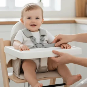 A detailed shot of the secure, five-point safety harness included with the non-toxic high chair, ensuring maximum child safety.
