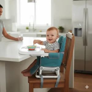 An illustration showing an older baby or toddler using the **portable booster seat** mode of the high chair at a kitchen counter.