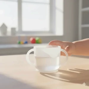 A small, easy-to-grip open cup suitable for supervised practice with a 15-18 month old to develop proper drinking skills.