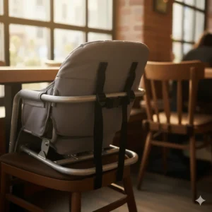 A close-up of a portable booster seat with adjustable safety straps for securing it to a standard chair.