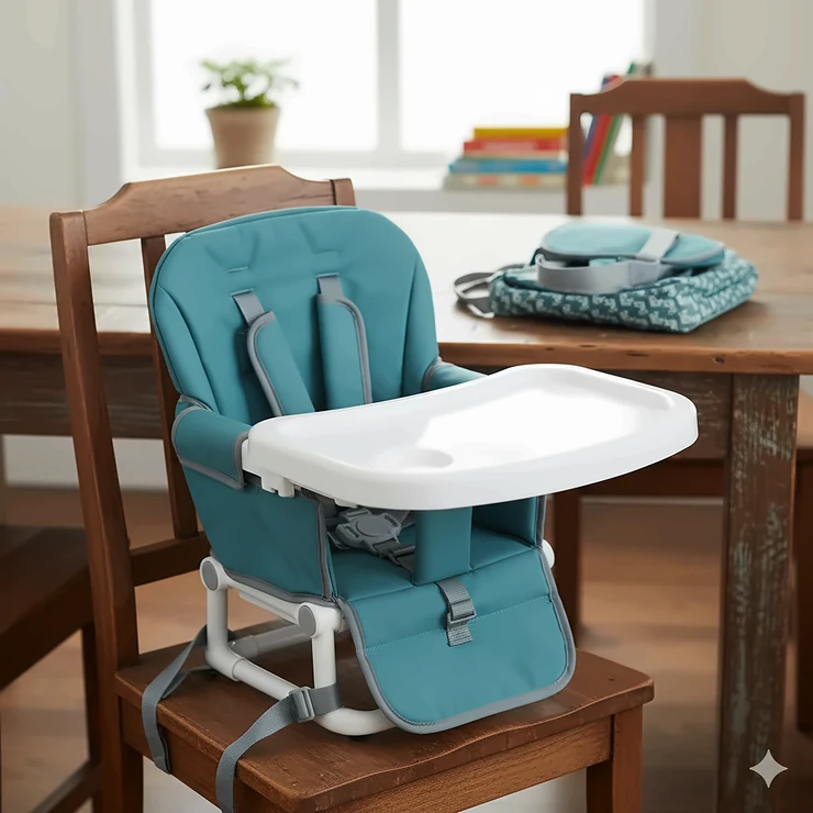 A fully assembled, compact **portable high chair** with a washable tray and secure harness, ready for travel or use on a standard dining chair.