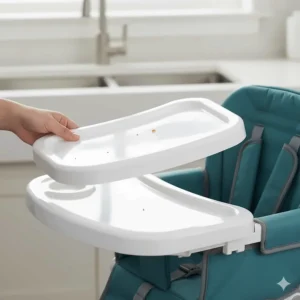 A removable, dishwasher-safe tray from the **portable high chair** being easily detached by a hand.