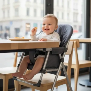 An excellent portable travel high chair that securely clips onto most dining tables for on-the-go meals.