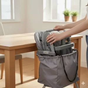 The lightweight travel high chair completely folded and packed into its compact carrying bag for easy portability.