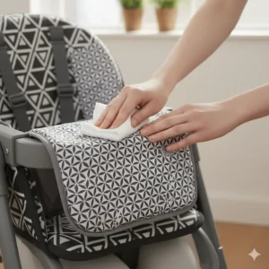 Showing the easy-to-clean, removable fabric seat cover of the clip-on chair being wiped down after use.