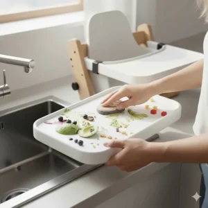 Illustrating how the removable tray on the wooden high chair detaches for quick and easy cleanup after mealtimes.