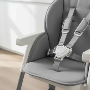Checking the secure and adjustable 5-point safety harness on the best high chair for baby safety.