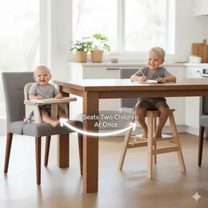 Versatile setup allowing the highchair to separate into two pieces, seating two children at once (e.g., youth stool and booster).