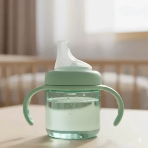Close-up of a soft silicone spout sippy cup, which is ideal for a 6 month old baby who is just starting to learn how to drink from a cup.
