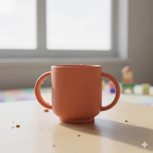 A durable, soft silicone training cup with handles, perfect for a 15 to 18 month old baby's small hands.