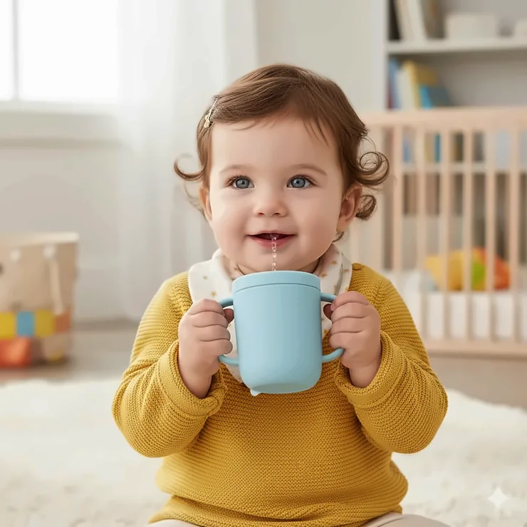 A happy 10-month-old baby girl holding and drinking from a sippy cup with handles, illustrating the transition from a bottle for 10-12 month old babies. Sippy Cups for 10-12 Month Old Babies