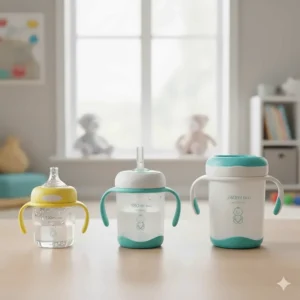 Side-by-side comparison of different fluid capacities for sippy cups, showing appropriate size options for a growing baby.
