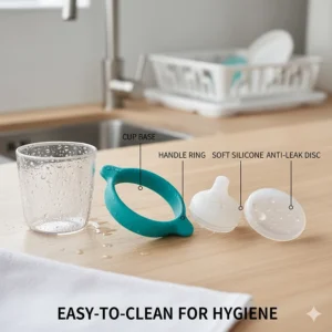 A sippy cup disassembled into its easy-to-clean parts, showing how to maintain hygiene for the best sippy cups for 6-9 month old babies.