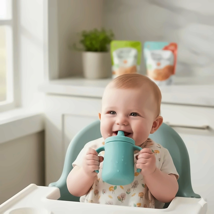 A featured image showing a 6-month-old baby happily drinking water from a soft-spouted sippy cup designed for beginners.